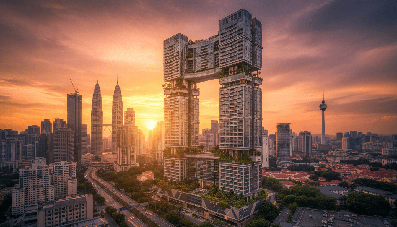 Luxury high-rise residential tower in KLCC with golden sunset lighting